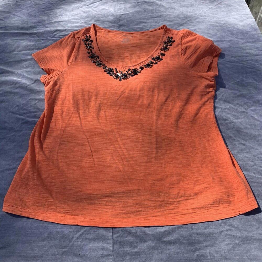 St. John’s Bay Women’s Orange Jewelled Neckline Short Sleeve T Shirt Size Large‍